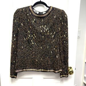 Vintage Niteline Beaded Sequin Jacket Black Gold Art Deco Evening M